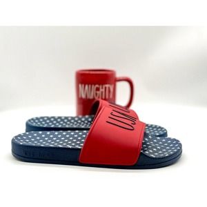 Rae Dunn USA Slides Women’s 8 Red‎ White Blue Stars Patriotic With Naughty Mug